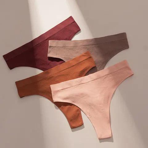 Women's Ribbed Seamless Thongs Nylon Breathable High Elastic Cotton Crotch Low Waist Sexy T-Back Panties For Sport Yoga