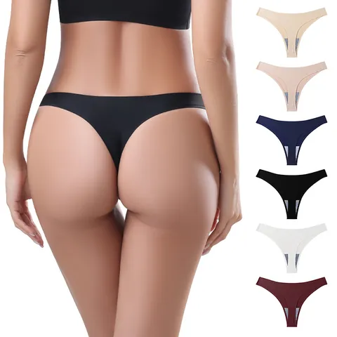 Women Seamless Ice Silk Thong Panties Sexy Low Rise Invisible One Piece Sport G-String With Cotton Crotch Underwear