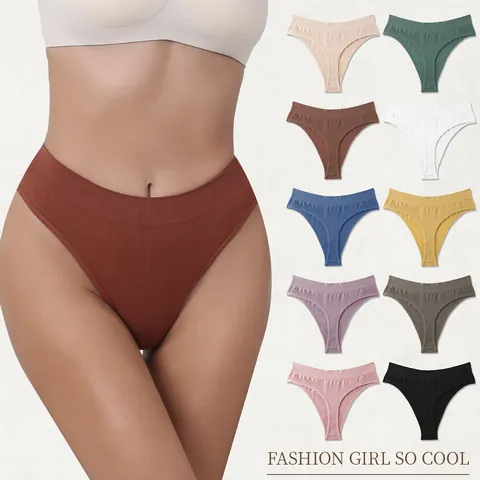 Women's Seamless Thong Low Waist Wide Ribbed Waistband Sporty Nylon G-String Breathable Solid Color T-Back Underwear