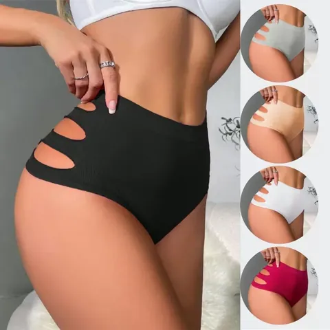 Women Seamless High Waist Panties Hollow Out Tummy Control Butt Lift Polyamide Cotton Briefs Breathable Plus Size Lingerie