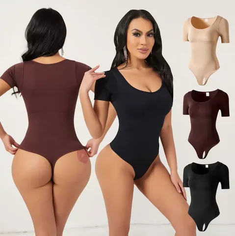 Women Seamless Bodysuit Shapewear Square Neck Short Sleeve Tummy Control Thong Bodysuit Top And Bottom Workout Yoga Clothing