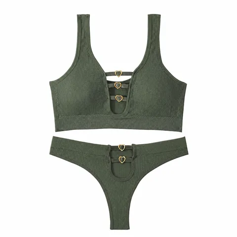 Seamless Lingerie Set For Women Hollow Out Sexy Ribbed Bra And Panty Set With Golden Heart Buckles Top And Bottom