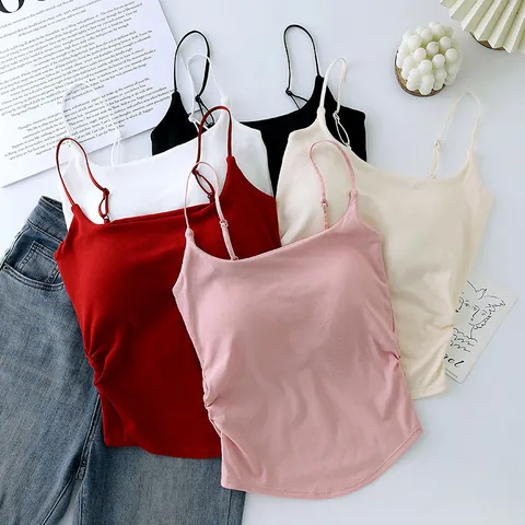 Women Ruched Padded Cami Top Seamless Nylon Slim Fit Sexy Tank Top Adjustable Straps Summer Sleeveless Basic Vest