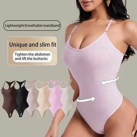 Seamless Ribbed Shapewear Bodysuit For Women Racerback Thong Shapewear Tummy Control Postpartum Recovery Body Shaper Top