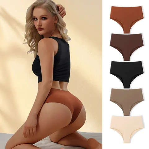Women's Ice Silk Seamless Panties Mid High Waist Plus Size Breathable Laser Cut Invisible Underwear Sporty Hip Lifting Briefs