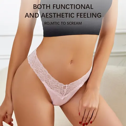 Women Sexy Transparent Lace Thong V-Shape Seamless Low Waist Cotton Lingerie Thong Panties For Women