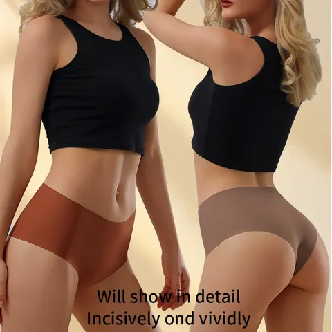 Women's Ice Silk Seamless Panties Mid High Waist Plus Size Breathable Laser Cut Invisible Underwear Sporty Hip Lifting Briefs