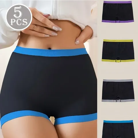 Women High Waist Boxer Briefs Seamless Opaque Full Coverage Yoga Fitness Nylon Panties Contrast Waistband Daily Underwear