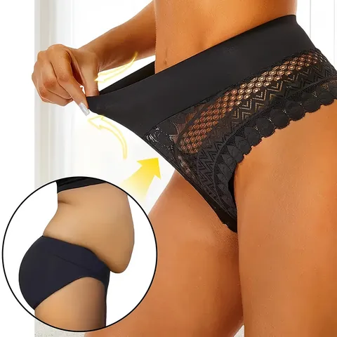 Women Sexy Lace Panties Mid Waist Tummy Control Hip Lift Hollow Out Briefs Breathable Lingerie For Daily Dating