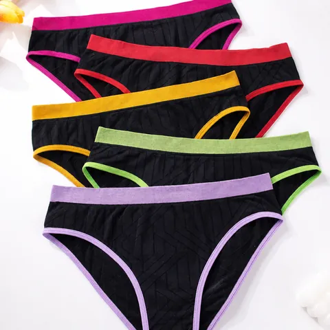 Women Seamless Low Waist Panties Contrast Color Trims Cotton Crotch Breathable Soft Nylon Spandex Knitted Briefs Underwear