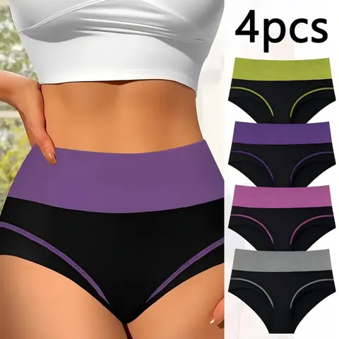 Women's High-Waisted Seamless Underwear Moisture-Wicking Breathable Elastic Color Block Bottom Panties Briefs For Everyday Comfort