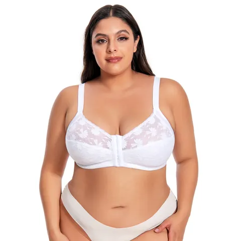 Women's Plus Size Lace Bra Front Buckle Wire-Free Thin Padded Adjustable Back Pressure Relief Minimizer Top Lingerie