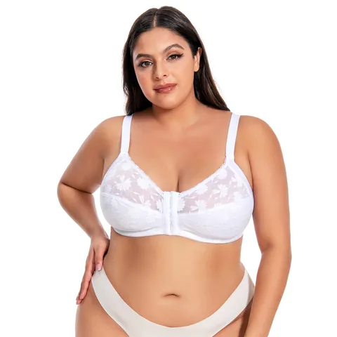 Women's Plus Size Lace Bra Front Buckle Wire-Free Thin Padded Adjustable Back Pressure Relief Minimizer Top Lingerie