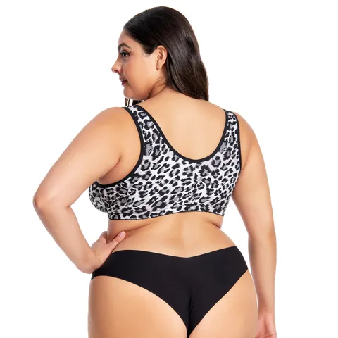 Women Plus Size Leopard Print Front Closure Wireless Bra Cotton Wide Straps Comfortable Bralette For Big Bust