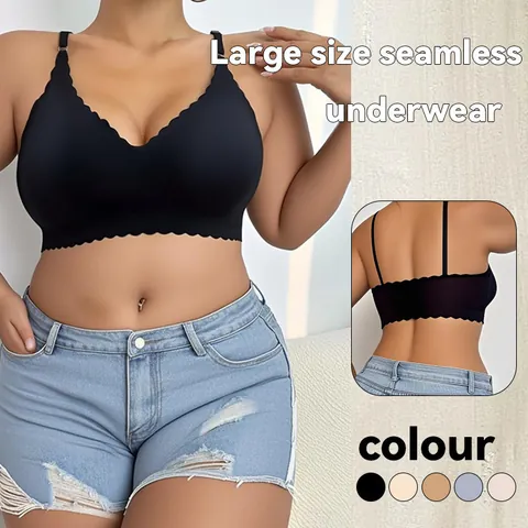 Women Plus Size Seamless Wireless Bra Push Up Scalloped Edge Breathable Sexy Back Lingerie For Daily Fitness Adjustable Straps Nylon Bra