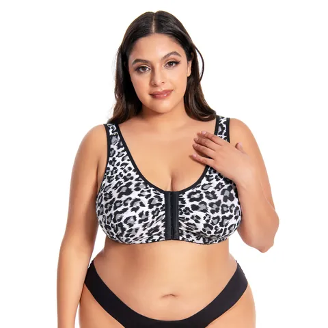 Women Plus Size Leopard Print Front Closure Wireless Bra Cotton Wide Straps Comfortable Bralette For Big Bust