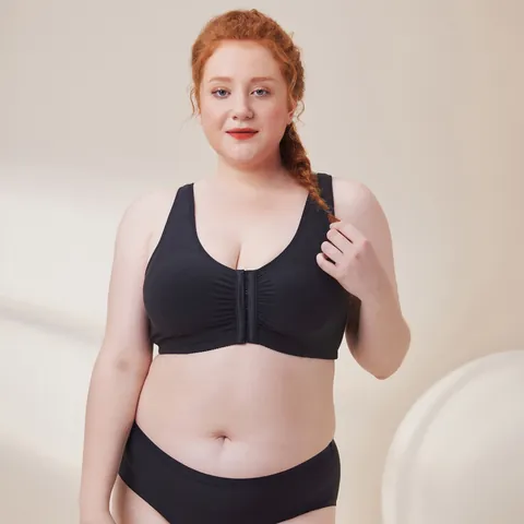 Women Plus Size Cotton Wire-Free Bra Front Closure Gather Adjustable Push Up Breathable Comfortable Soft Lingerie For Women
