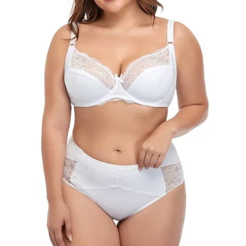 Women Plus Size Lingerie Set Lace Underwired Bra And High Waist Panty Top And Bottom Thin Molded Cup Sexy Botanical Embroidery Underwear