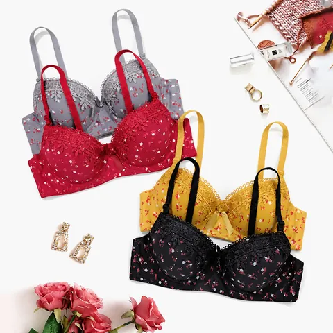 Damen Push-Up BH mit Blumenmuster Stickerei-Spitzenbesatz Formende Unterwäsche Mit Abnehmbaren Trägern Für Den Alltag