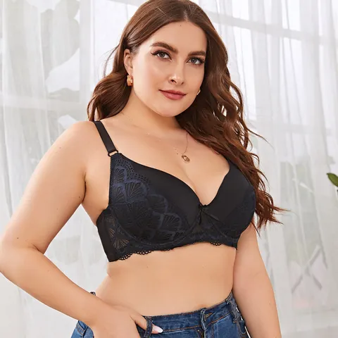 Women Plus Size Sexy Lace Bra Full Cup E Cup Breathable Thin Molded Cup Back Beauty Push Up Bra Floral Lace Underwear