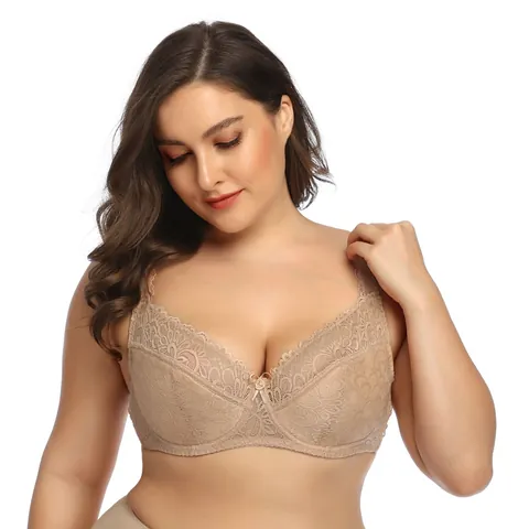 Women Plus Size Thin Lace Bra Breathable Push Up Bra Adjustable Lingerie Floral Gathered Anti-Sagging Full Cup Underwear
