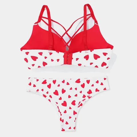 Women Seamless Wireless Bra Set Heart Print Push Up Lingerie Set Soft Thin Bra And Panty Set Top And Bottom Set