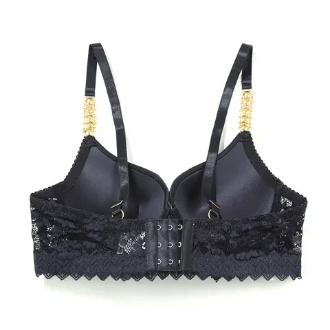Women Sexy Lace Top And Bottom Rhinestone Metal Chain Strap Push Up Bra Set Floral Embroidery Lingerie Underwear