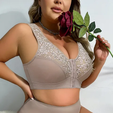 Women Plus Size Wireless Seamless Bra Front Closure Ultra Thin Lace Embroidered Full Cup Bra For Large Chest Comfortable Top
