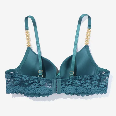 Women Sexy Floral Lace Bra Top And Bottom Lingerie Set With Rhinestone Metal Chain Straps Push Up Gathered Bra Party Underwear