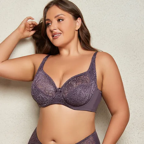Women Plus Size Sexy Lace Bra Ultra-thin Unlined Underwire Bra Full Coverage Lingerie Embroidery Bra For Big Breasts Top