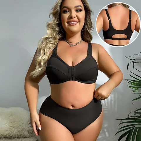 Women Plus Size Front Closure Wireless Bra And Panties Top And Bottom Nylon Spandex Seamless Comfortable Lingerie Underwear