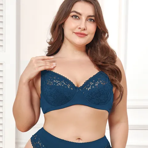 Women Plus Size Sexy Lace Bra Full Cup Ultra-Thin Breathable Nylon Underwear With Wide Straps Bow Decor Comfortable Lingerie
