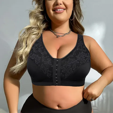Women Plus Size Wireless Bra Front Closure Lace Embroidery Thin Cup Full Coverage Minimizer Lingerie Bralette Breathable Support