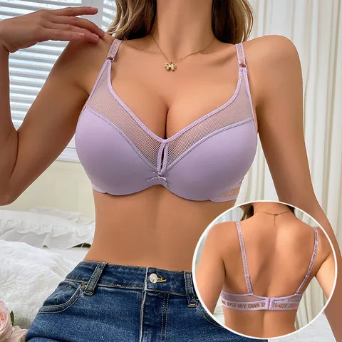 Women's Sexy Gathered Push Up Bra With Letter Straps Mesh Patchwork Nylon Spandex Luxurious Seamless Underwear For Everyday