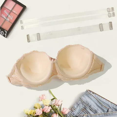 Women's Sexy Lace Half Cup Bra Transparent Straps Invisible Back Push Up Underwear For Wedding Dress Backless Lingerie Bra
