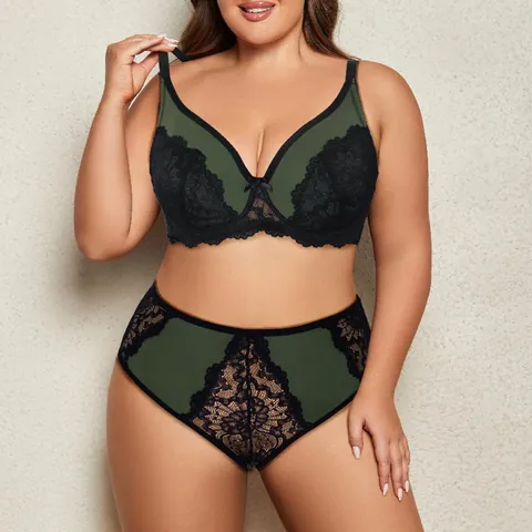Women Plus Size Sexy Floral Lace Lingerie Set With Underwire Minimizer Full Cup Bra And Panty Top And Bottom Lingerie