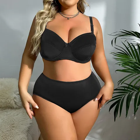 Women's Plus Size Ultra Thin Underwired Bra And Panty Set Half Cup Minimizer Lingerie Set Nylon Spandex Top And Bottom Black