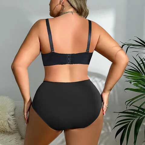 Women's Plus Size Ultra Thin Underwired Bra And Panty Set Half Cup Minimizer Lingerie Set Nylon Spandex Top And Bottom Black