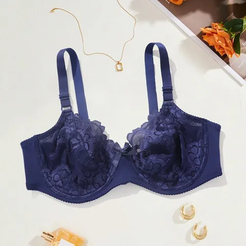 Women Sexy Floral Lace Bra Full Cup Underwired Comfortable Breathable Brassiere With Back Double Hook Fixed Shoulder Strap Lingerie
