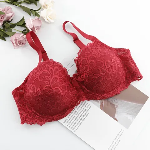 Women Large Size Full Cup Bra Western Style Lace Trim Push Up Gathering Breathable Bow Decorative Comfortable Lingerie Underwear