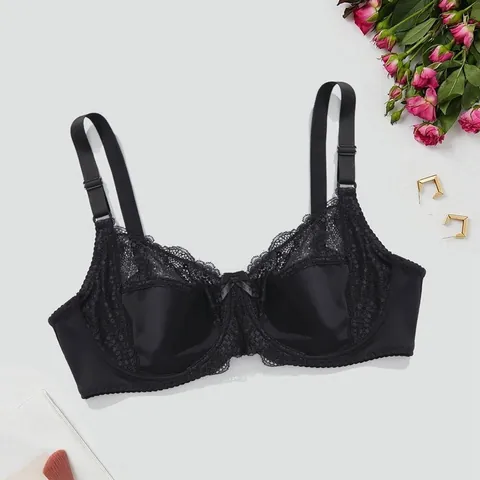 Women Plus Size Full Cup Lace Bra Sexy Semi-Transparent Underwire Thin Cup Comfortable Breathable Lingerie Top