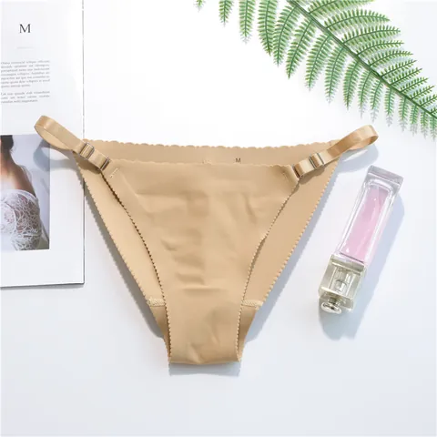 Women Seamless Thong Adjustable Side Straps Scalloped Edge Sexy Low Waist Cotton Blend Breathable Bikini Underwear G-String