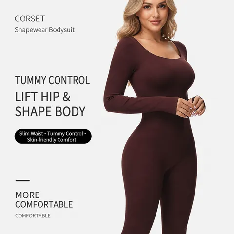 Women Long Sleeve Bodysuit Shapewear Nylon Tummy Control Butt Lifting Seamless Body Shaper One Piece Slimming Underwear