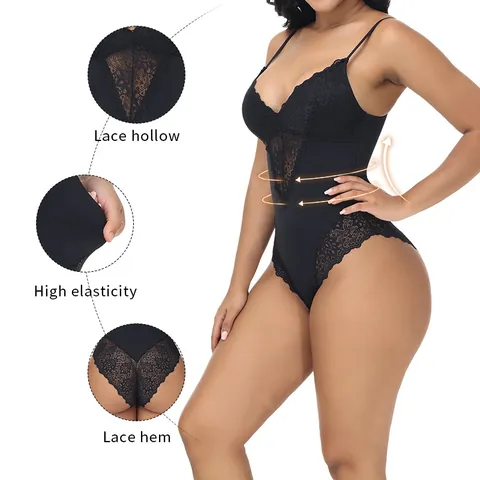 Women Deep V Lace Bodysuit Shapewear Tummy Control Waist Cincher Butt Lifting High Elasticity One Piece Top And Bottom Everyday Invisible Waist Trainer