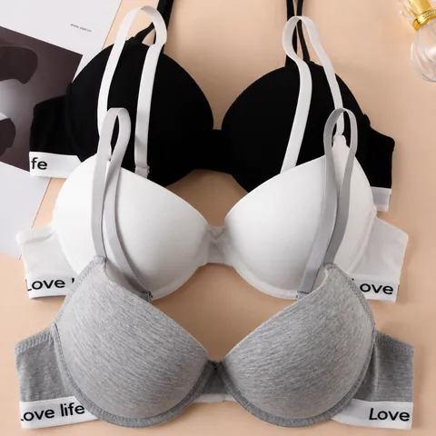 Women Sexy Glossy Push Up Bra With Letter Print Elastic Band Simple Fashion Cotton Underwear Seamless Lifting Top For Daily Wear