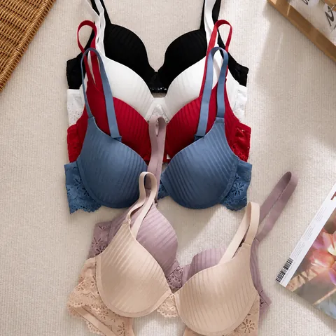 Women Sexy Lace Underwired Push Up Bra Noble Ribbed Cotton Comfortable Adjustable Lingerie Floral Embroidered Top