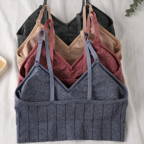 Women Seamless Knitted V-Neck Yoga Bra Vest Adjustable Straps Padded Sports Underwear Ribbed Crop Top For Workout Daily