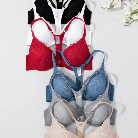 Women French Sexy Lace Bra Underwire Front Closure Racerback Push Up Breathable Lingerie Nylon Spandex Floral Bra Top