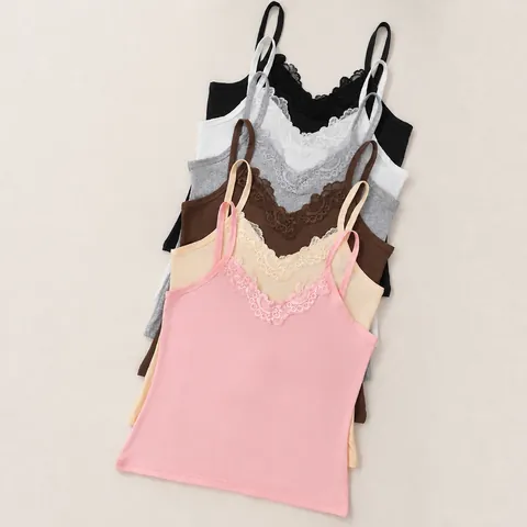Women Sexy Lace Patchwork V-Neck Cami Top Slim Fit Polyester Sleeveless Vest Solid Color Summer Daily Fashion Top