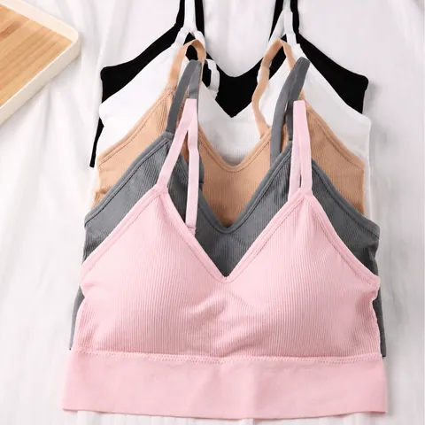 Women's Seamless Ribbed Sports Bra U-Back Thin Strap Camisole Wireless Yoga Bralette Solid Color Polyamide Spandex Top